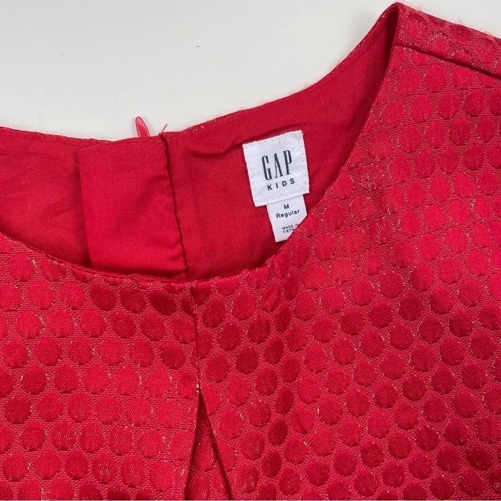 GAP Kids Red Gold Metallic Pleated Dress in Jacquard Polka Dots Size Medium